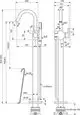 Freistehender Ideal Standard Arm aus Messing mit Hebel zur Steuerung, geeignet für moderne Badezimmer. Zeichnungen zeigen Maße und technische Details.
